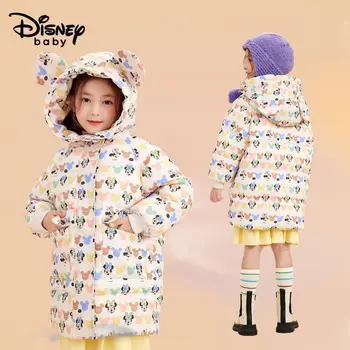 Пуховик для девочек Disney Kawaii, детский теплый пуховик средней и большой длины с милым Микки и Минни