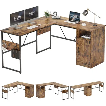 Компьютерный стол Bestier 95,2 Дюйма L-образной формы со шкафом для хранения, Рабочая станция для домашнего офиса (Деревенский/ черный) опционально