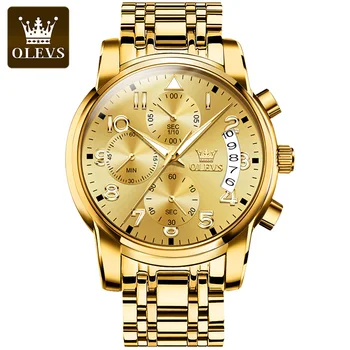 Мужские часы OLEVS Роскошные оригинальные водонепроницаемые часы из нержавеющей стали для мужчин, многофункциональные кварцевые наручные часы, золотые мужские часы